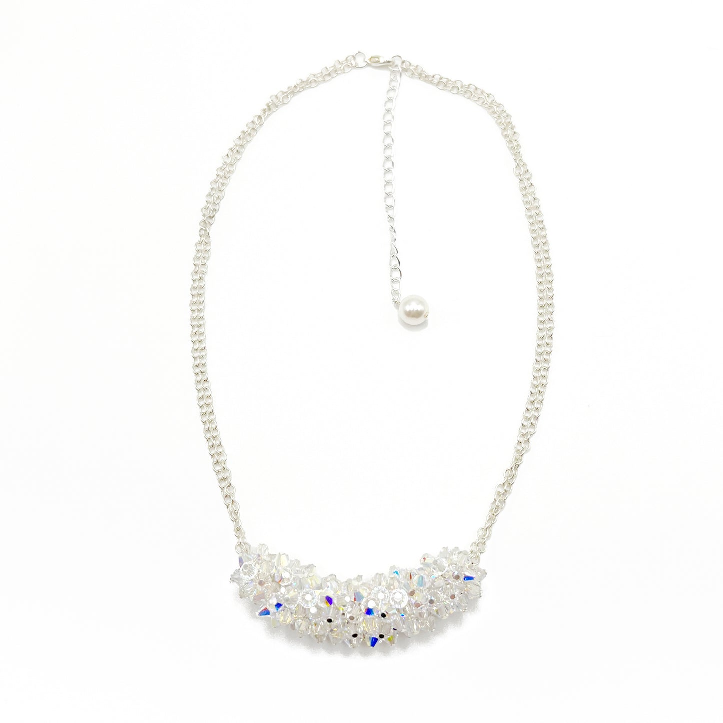 Clear crystal cluster necklace on sterling silver chain, handcrafted for radiant bridal sparkle.