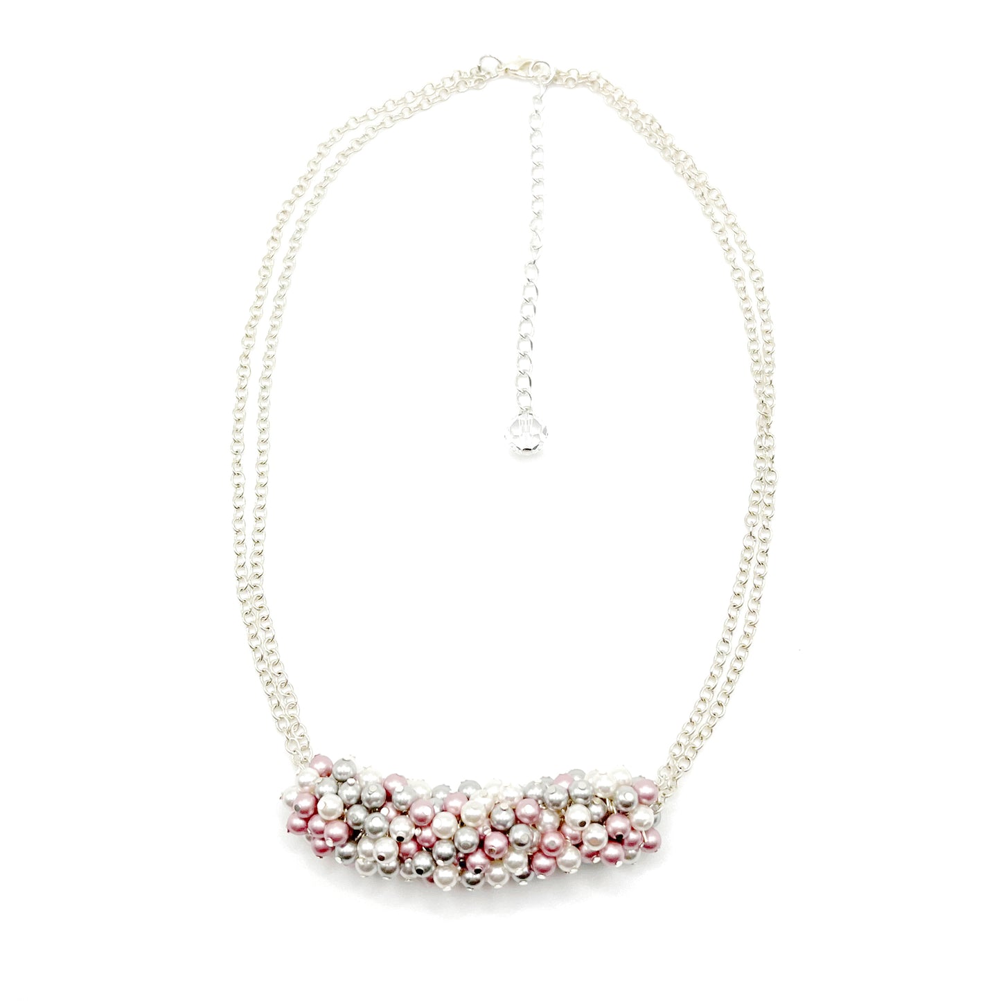 Pink and grey pearl cluster necklace on sterling silver chain, handcrafted with romantic detail.