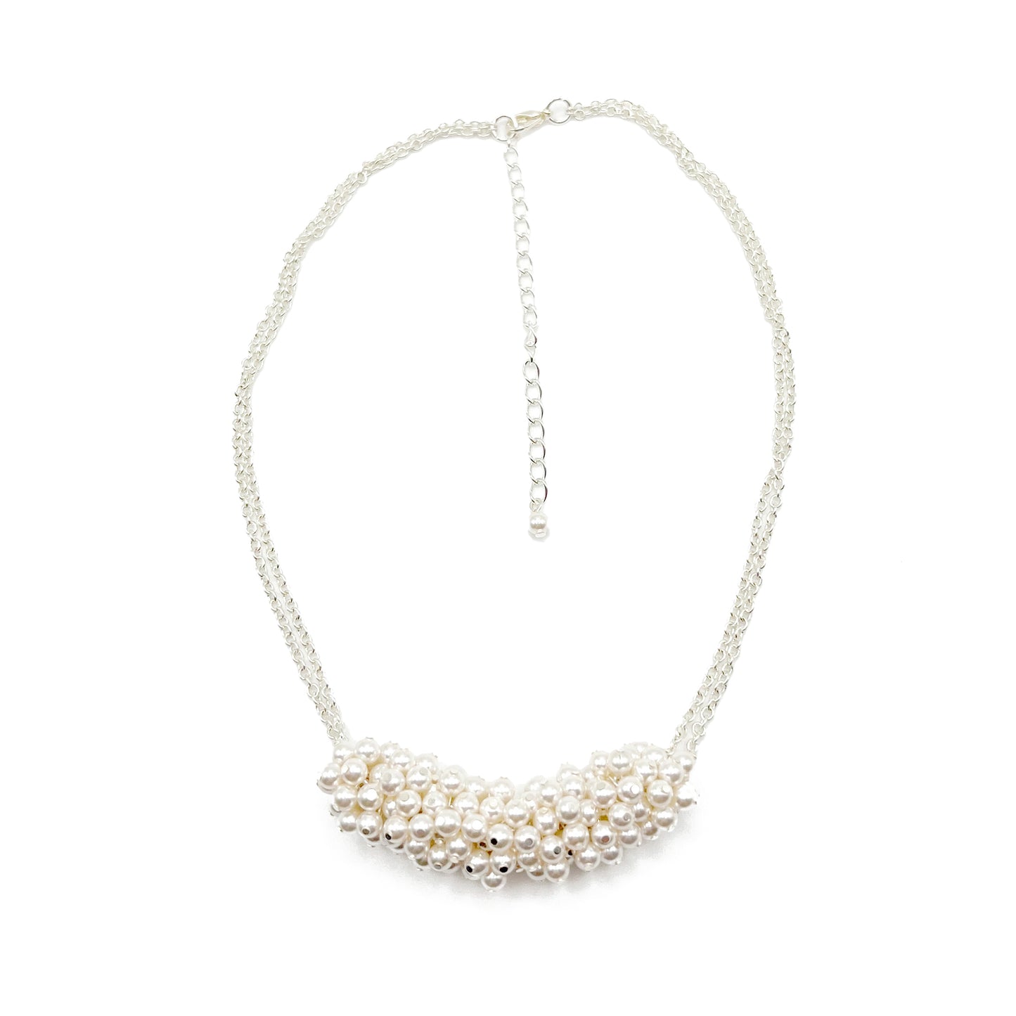 White pearl cluster necklace on sterling silver chain, handcrafted for timeless bridal elegance.