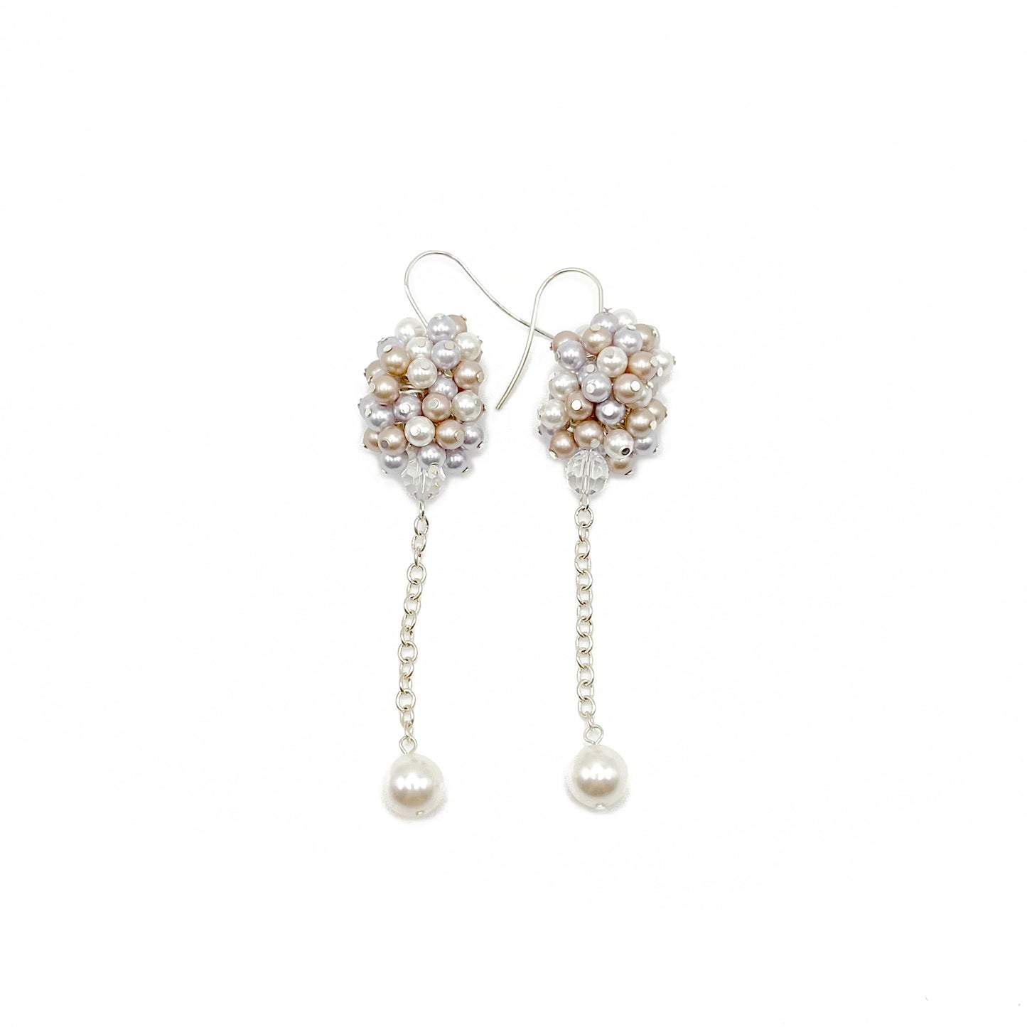 Lavender and almond pearl cluster earrings with sterling silver hooks, handcrafted with soft romantic tones.
