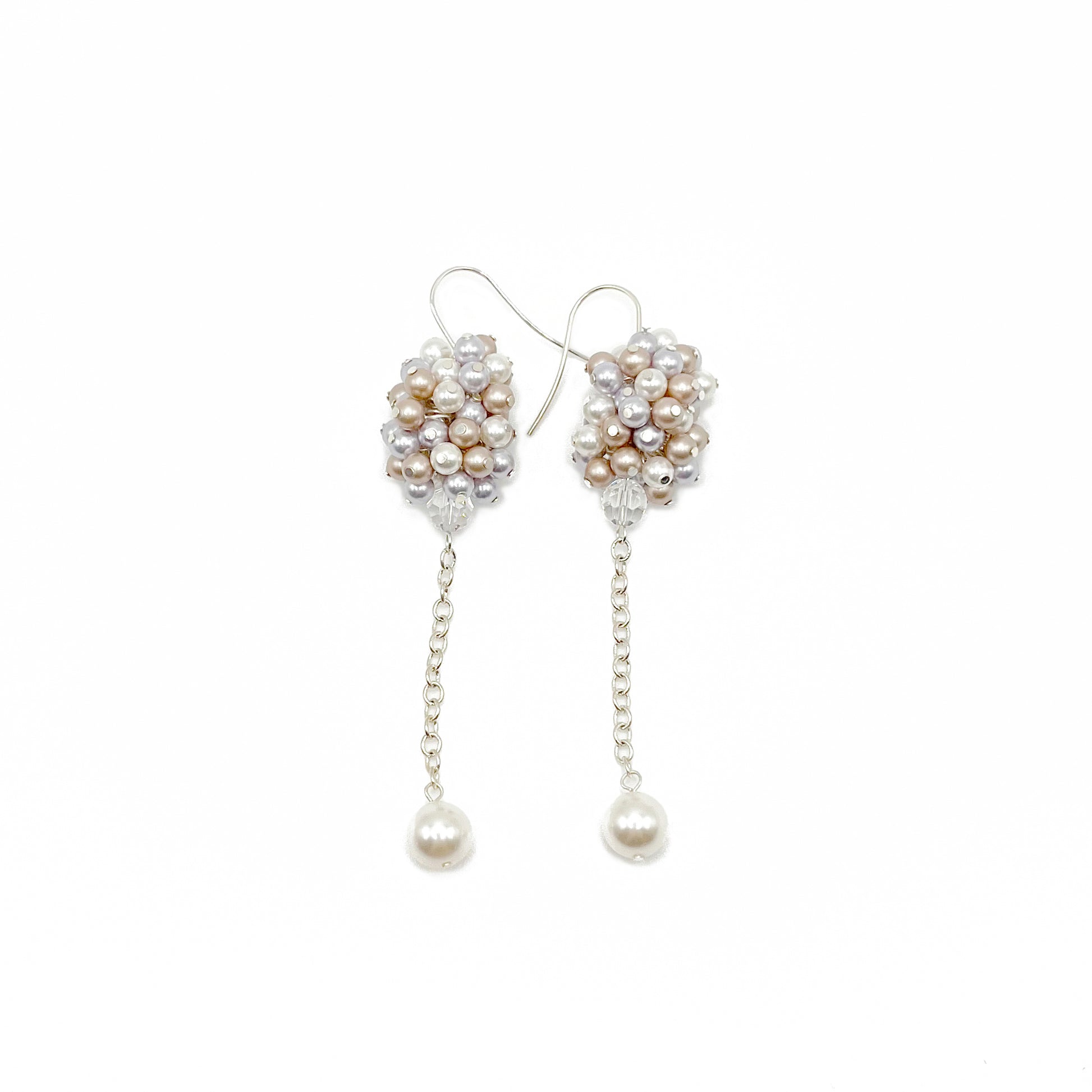 Lavender and almond pearl cluster earrings with sterling silver hooks, handcrafted with soft romantic tones.