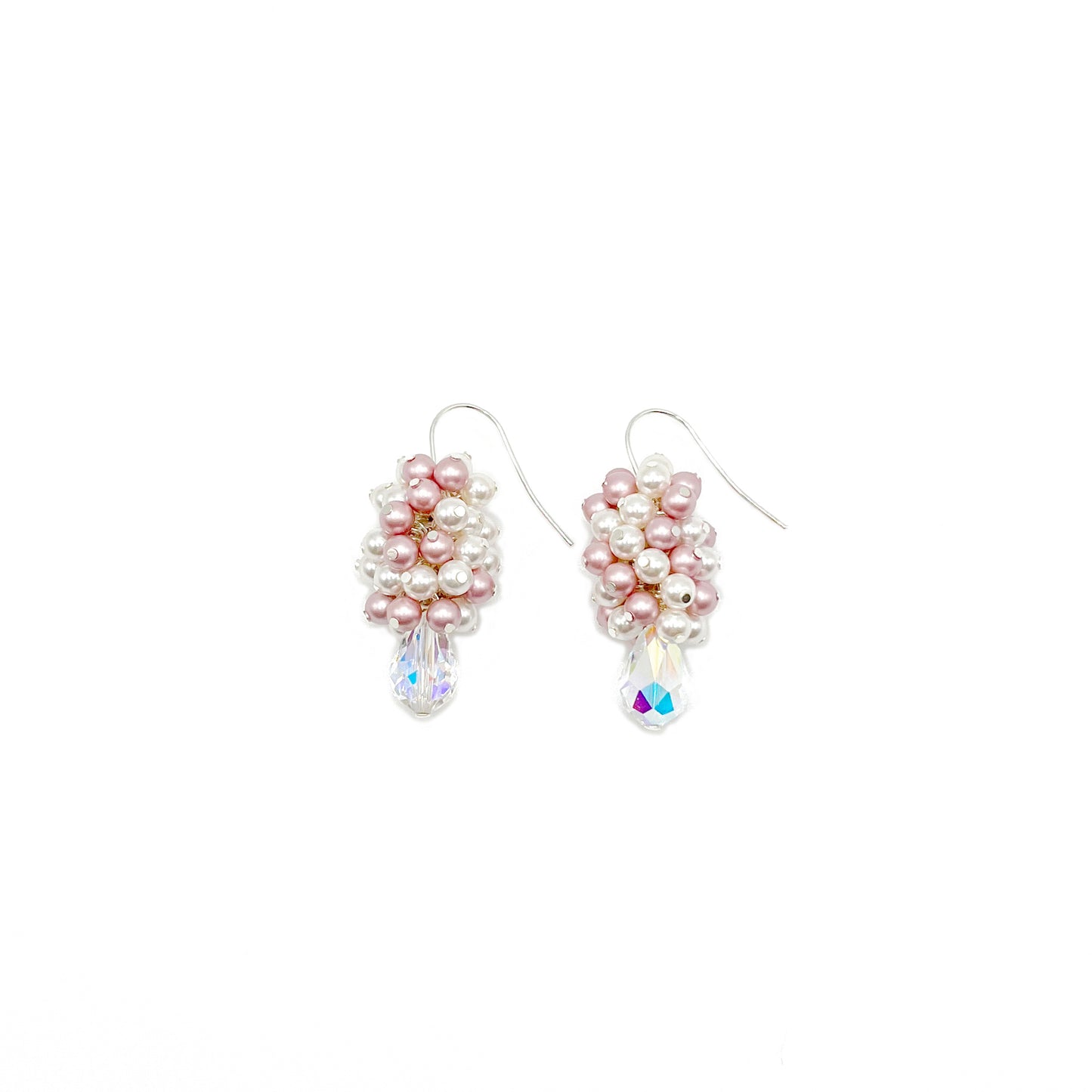 Blush and white pearl and crystal cluster earrings with sterling silver hooks, handcrafted and elegant.