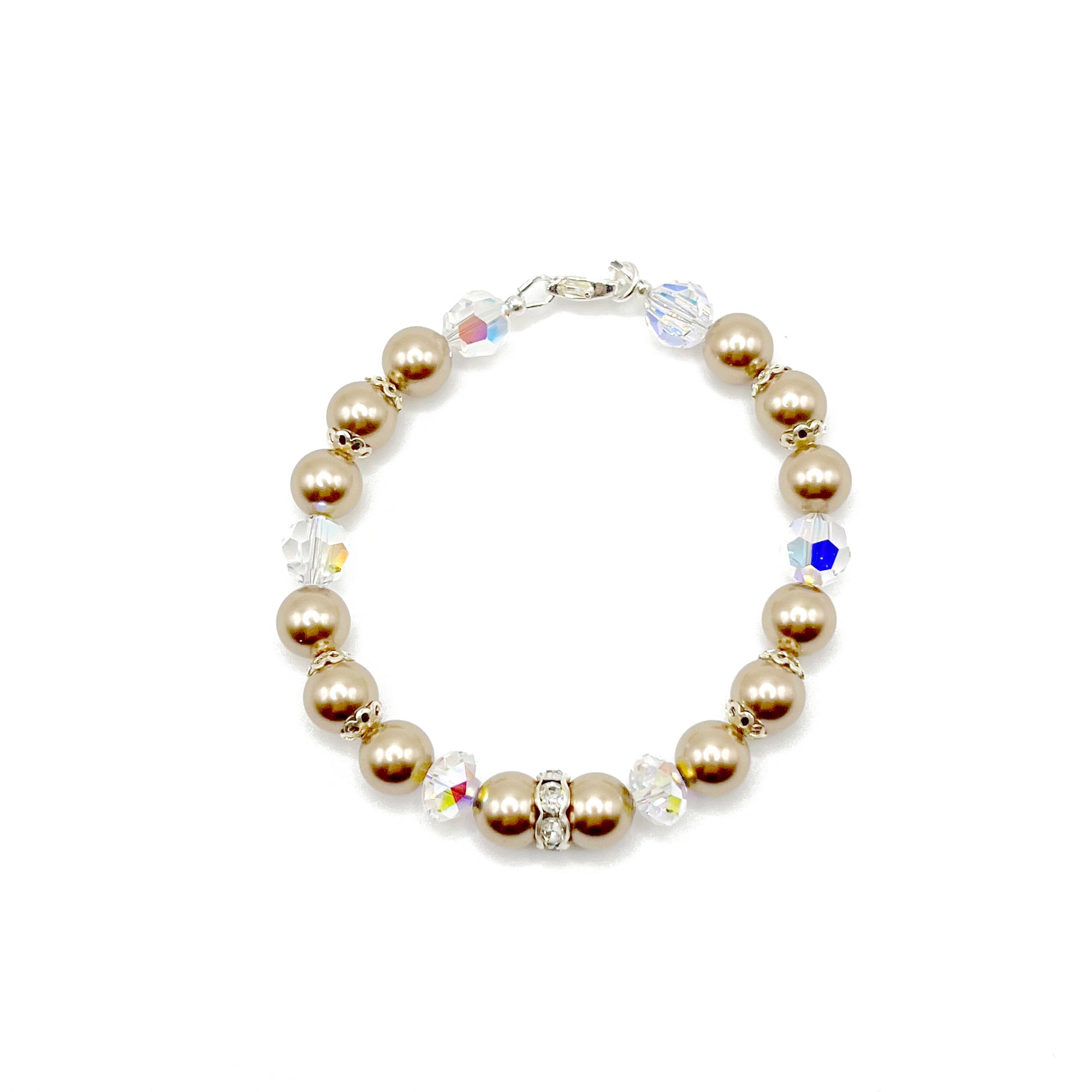 Bronze crystal pearl bracelet with sterling silver accents, hand-strung with a warm, vintage feel.