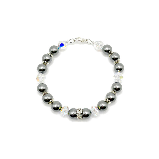 Dark gray pearl bracelet with sterling silver accents, hand-strung and sophisticated in style.