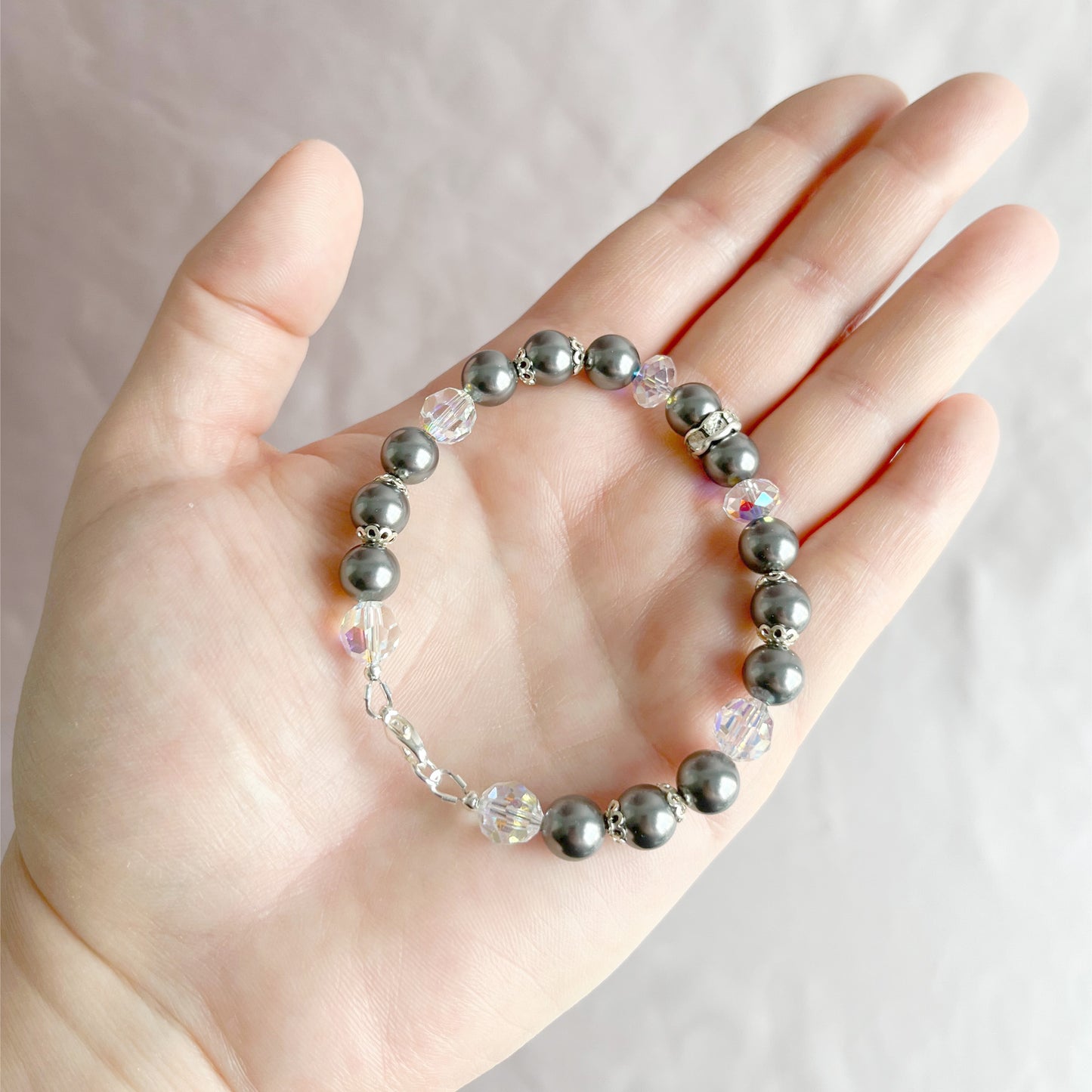The Amélie Bracelet - Hand-Strung Crystal Pearl Bracelet - Dark Gray