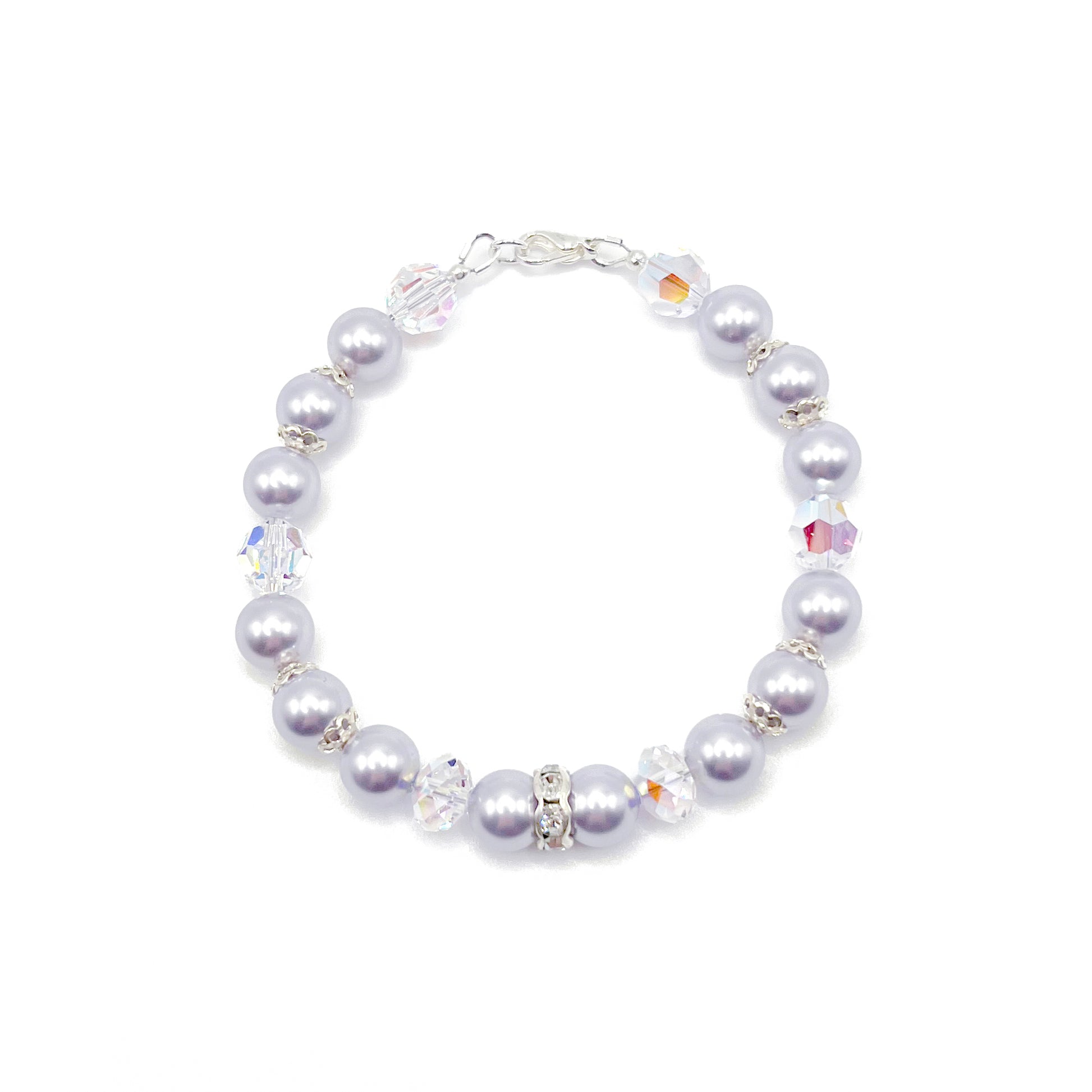 Lavender crystal pearl bracelet with sterling silver accents, soft and romantic.