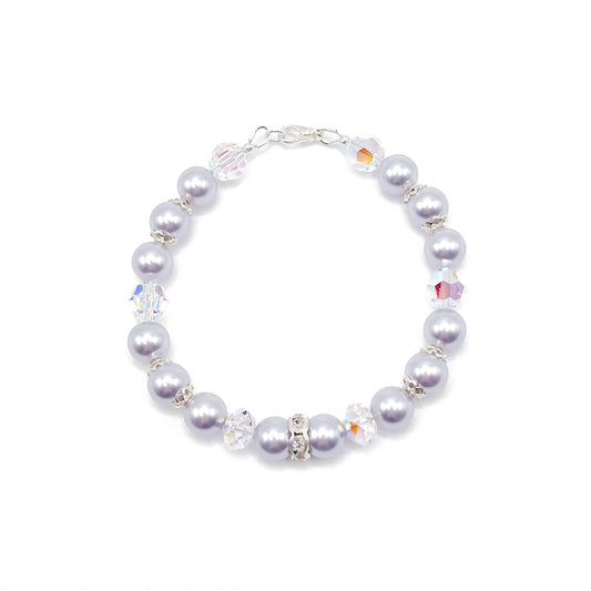 Lavender crystal pearl bracelet with sterling silver accents, soft and romantic.