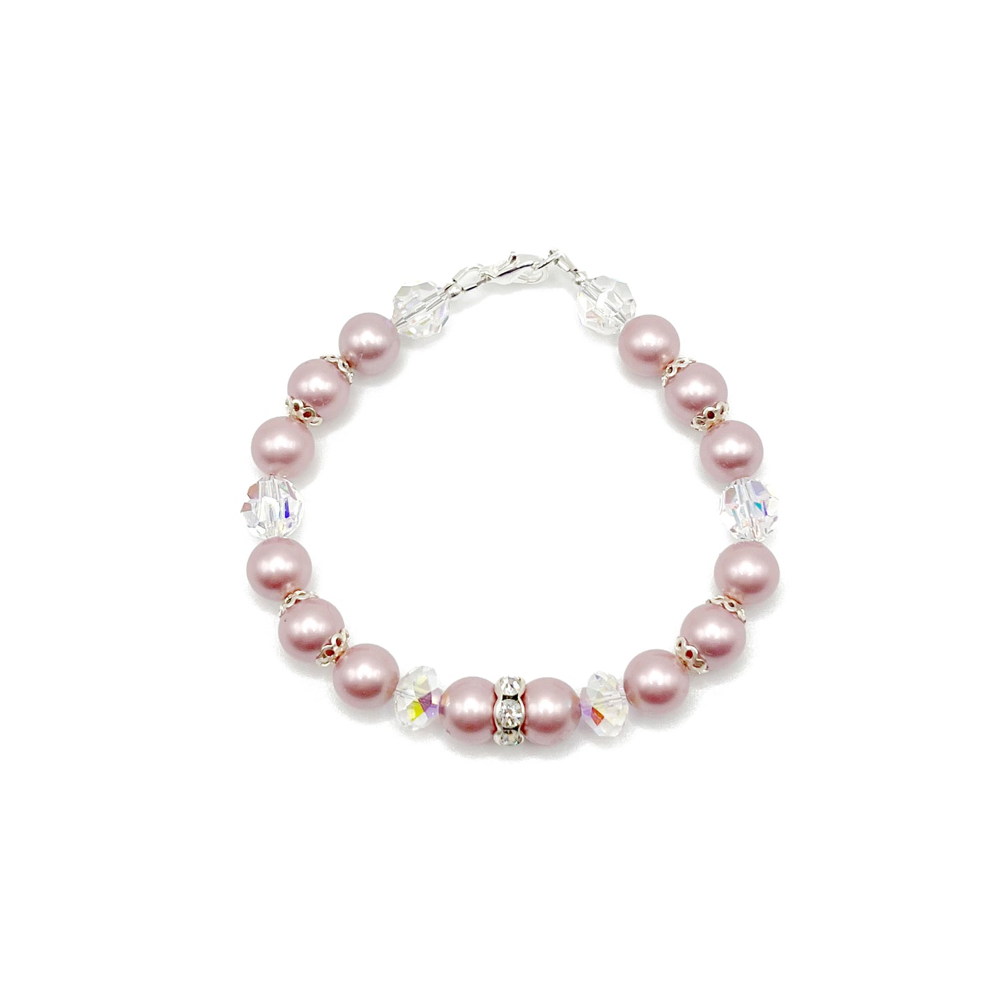 Pink crystal pearl bracelet with sterling silver accents, romantic and handcrafted.