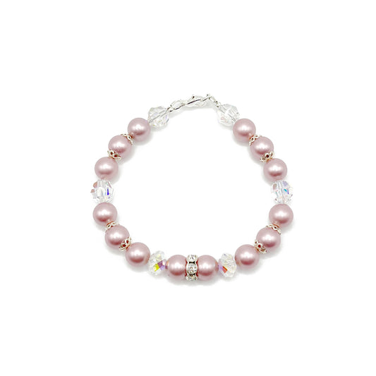 Pink crystal pearl bracelet with sterling silver accents, romantic and handcrafted.