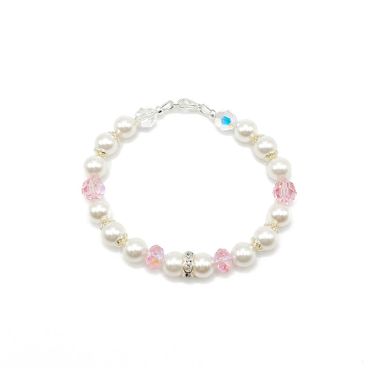 White pearl and pink crystal bracelet with sterling silver accents, hand-strung and softly feminine.