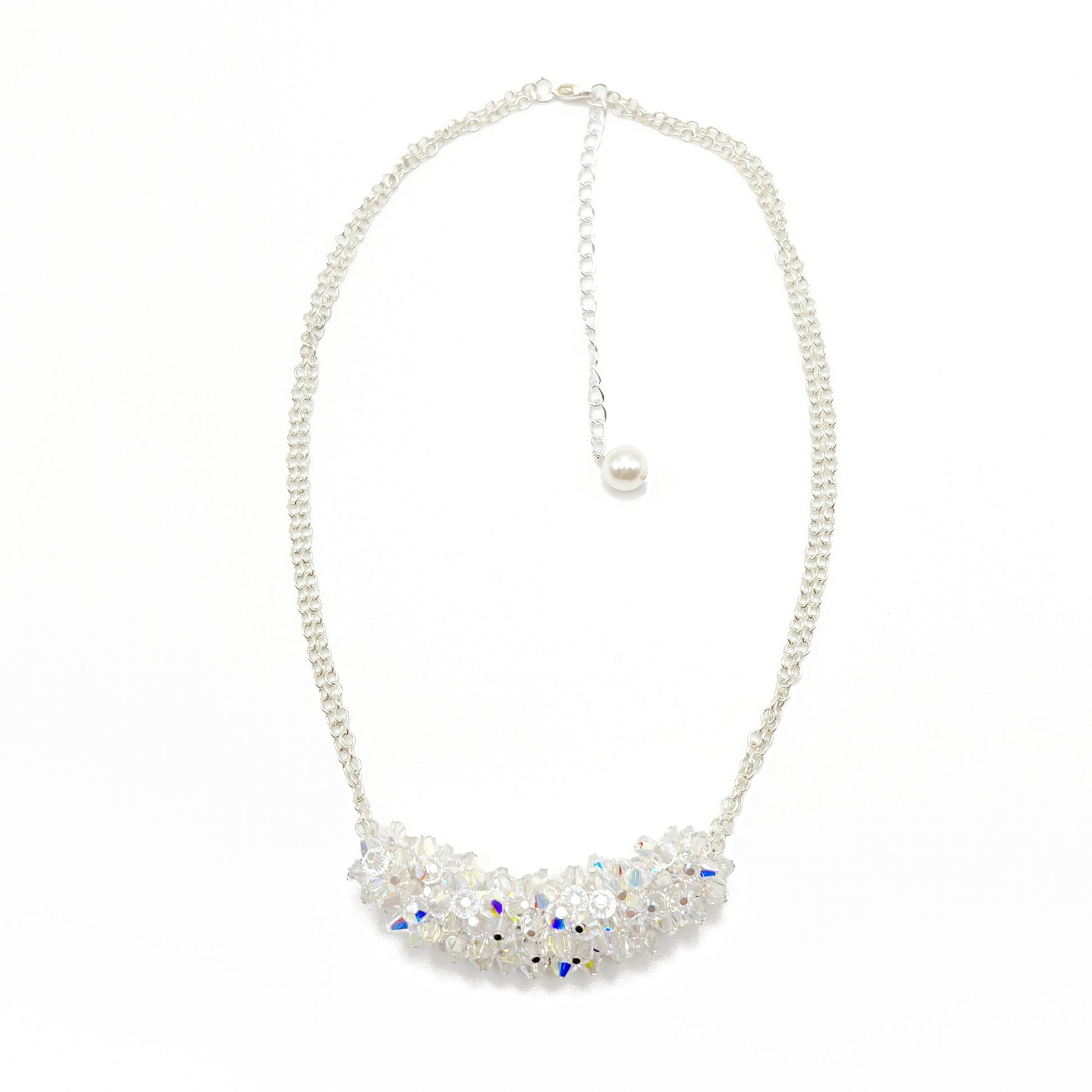 Clear crystal cluster necklace on sterling silver chain, handcrafted for radiant bridal sparkle.