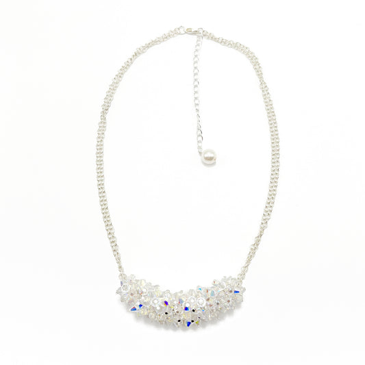 Clear crystal cluster necklace on sterling silver chain, handcrafted for radiant bridal sparkle.