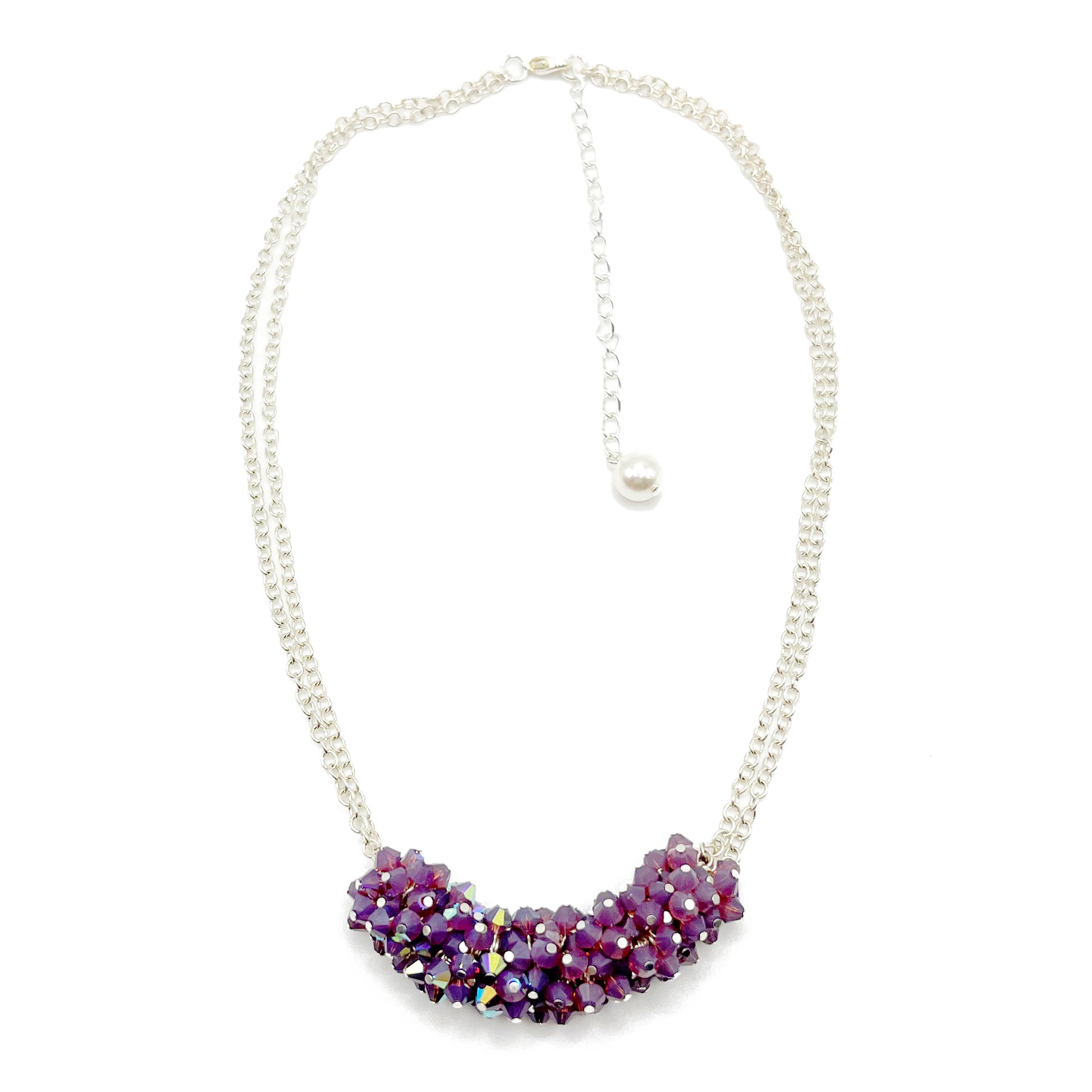 Purple crystal cluster necklace on sterling silver chain, romantic and shimmering.