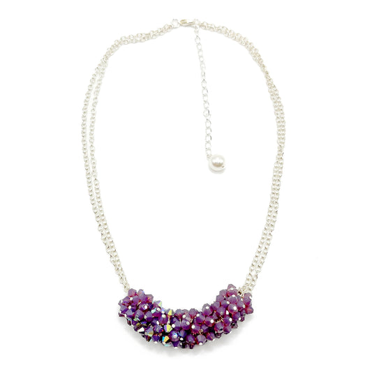 Purple crystal cluster necklace on sterling silver chain, romantic and shimmering.