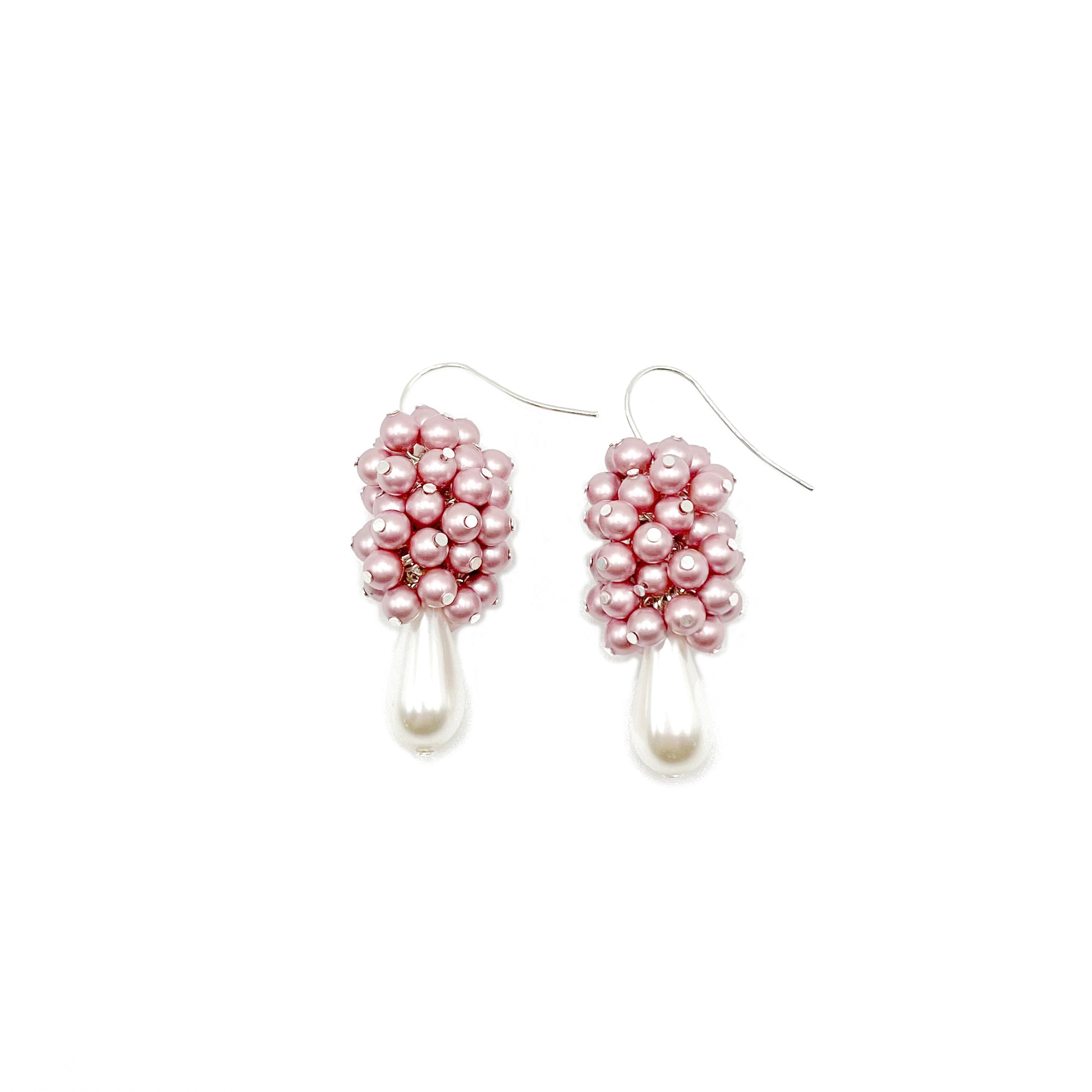 Pink pearl cluster drop earrings with sterling silver hooks, handcrafted and softly romantic.