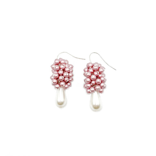 Pink pearl cluster drop earrings with sterling silver hooks, handcrafted and softly romantic.