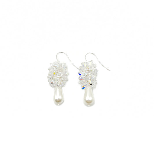 White pearl and crystal cluster drop earrings, handcrafted with a romantic silhouette and sterling silver hooks.