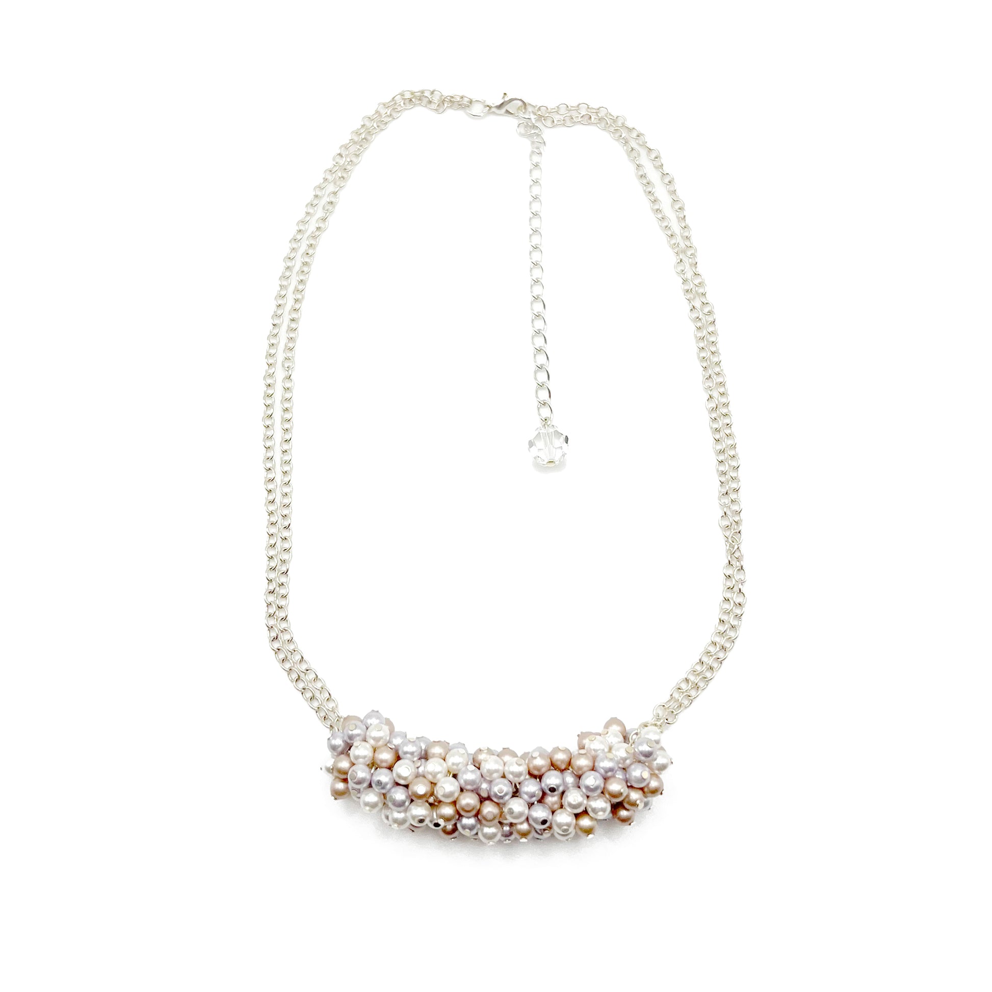 Lavender and almond pearl cluster necklace on sterling silver chain, soft and romantic in tone.