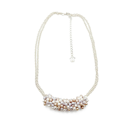 Lavender and almond pearl cluster necklace on sterling silver chain, soft and romantic in tone.