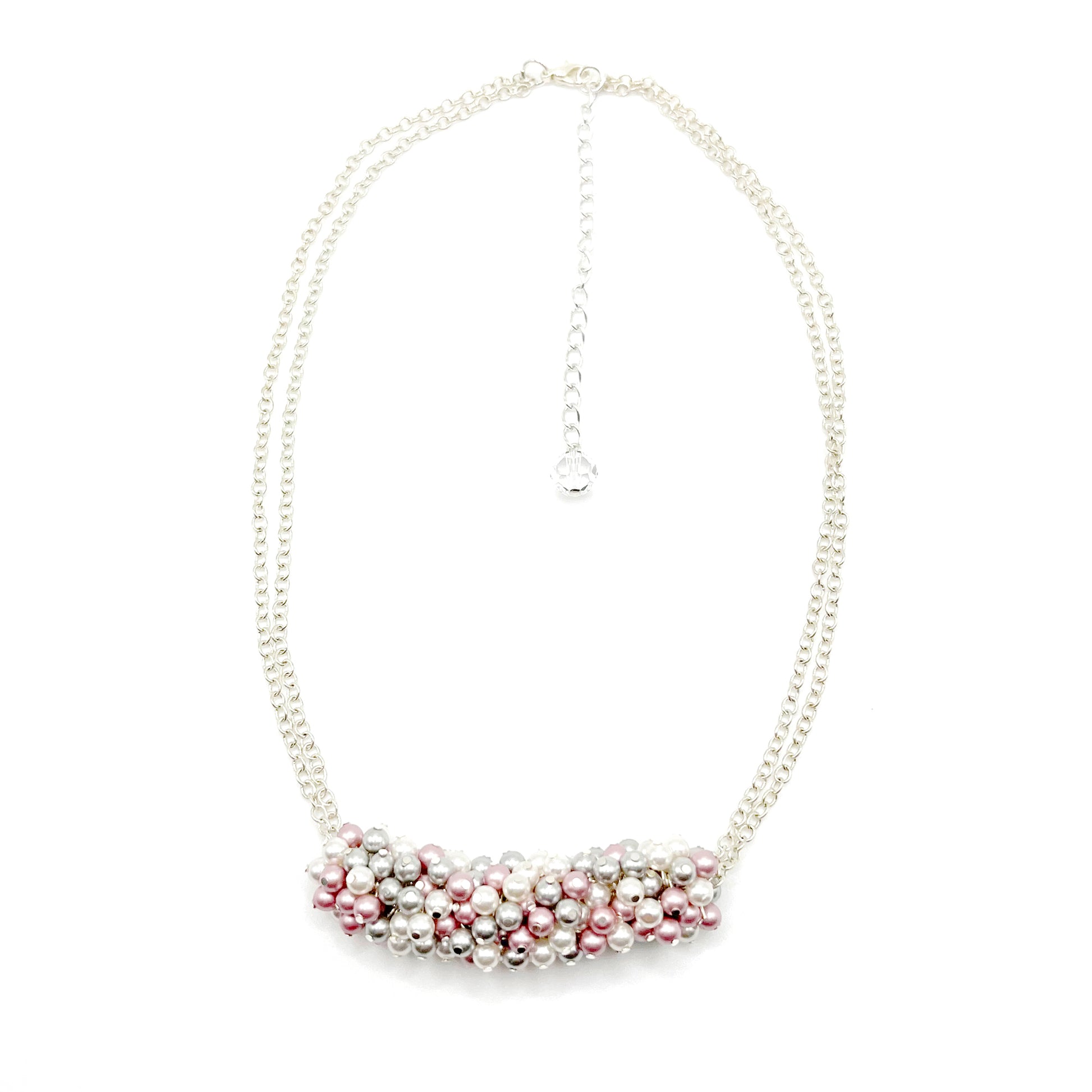Pink and grey pearl cluster necklace on sterling silver chain, handcrafted with romantic detail.