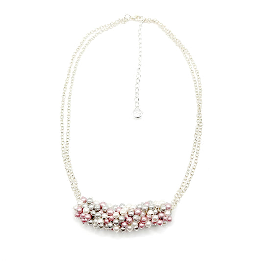 Pink and grey pearl cluster necklace on sterling silver chain, handcrafted with romantic detail.