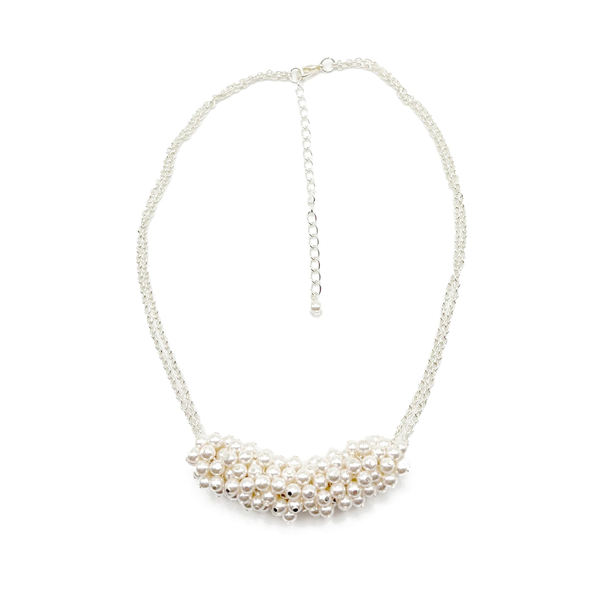 White pearl cluster necklace on sterling silver chain, handcrafted for timeless bridal elegance.