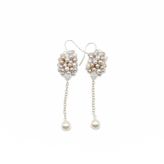 Lavender and almond pearl cluster earrings with sterling silver hooks, handcrafted with soft romantic tones.