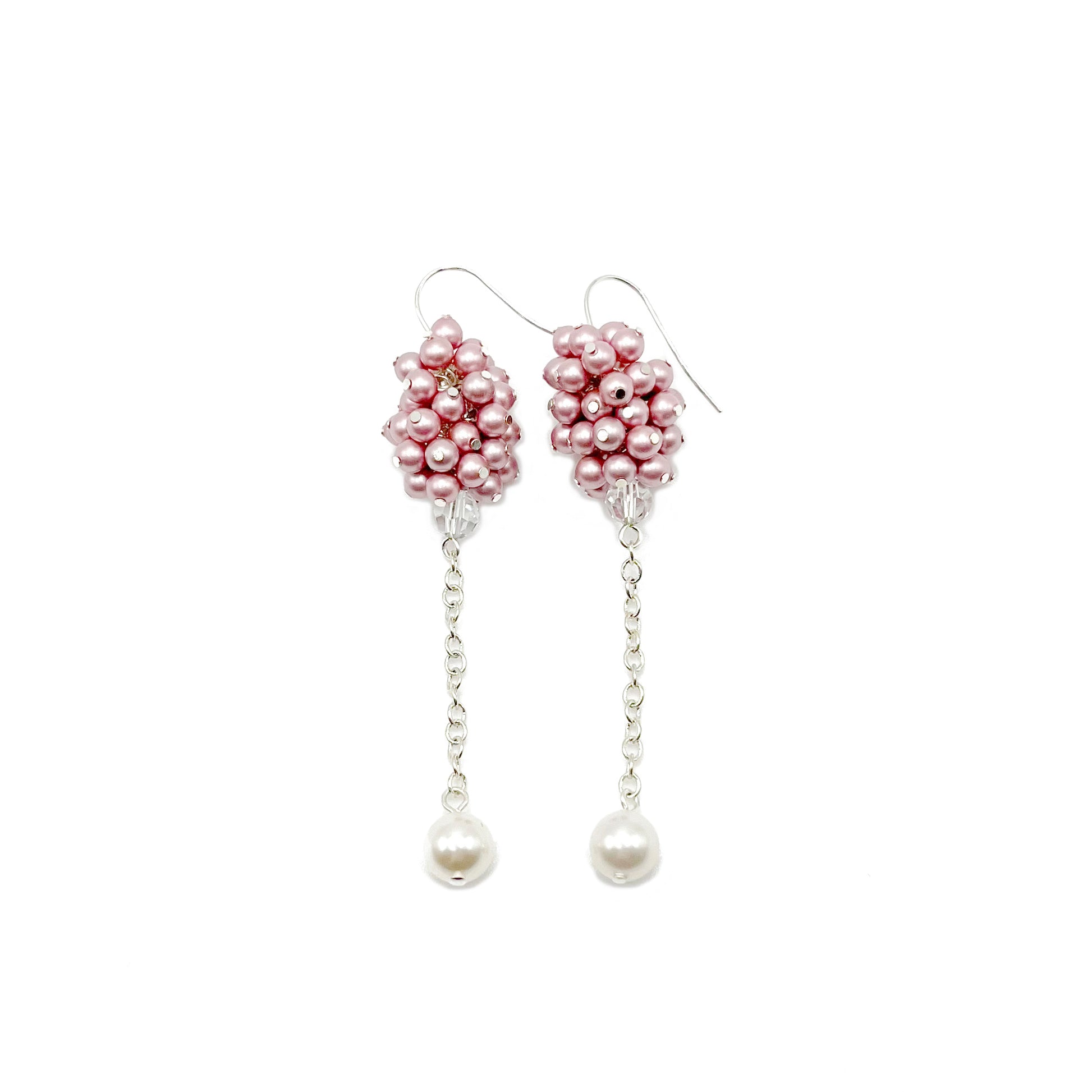 Handcrafted pink pearl cluster dangle earrings with sterling silver hooks, soft and romantic in style.