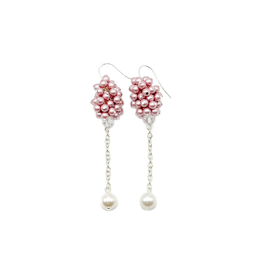 Handcrafted pink pearl cluster dangle earrings with sterling silver hooks, soft and romantic in style.