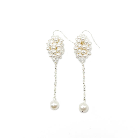 White pearl cluster dangle earrings with sterling silver hooks, romantic and handcrafted for bridal wear.