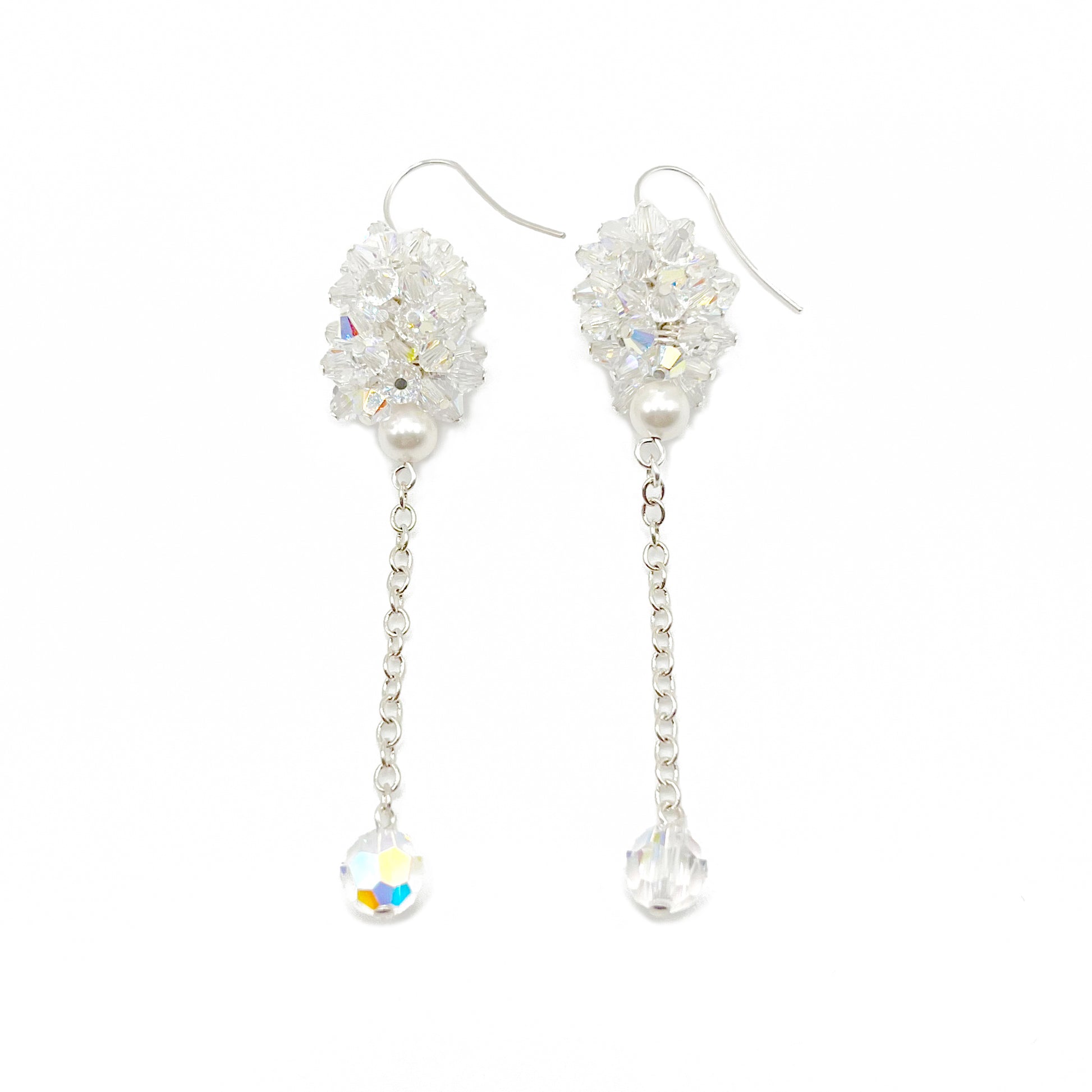 Clear crystal cluster and pearl dangle earrings with sterling silver hooks, handcrafted for bridal sparkle.