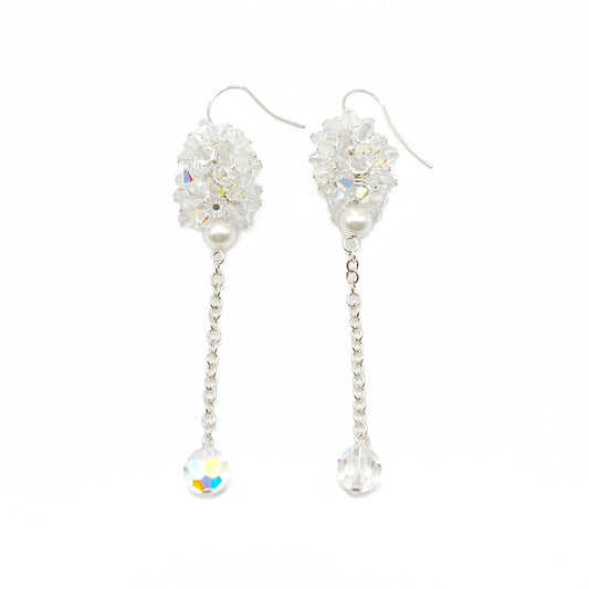Clear crystal cluster and pearl dangle earrings with sterling silver hooks, handcrafted for bridal sparkle.
