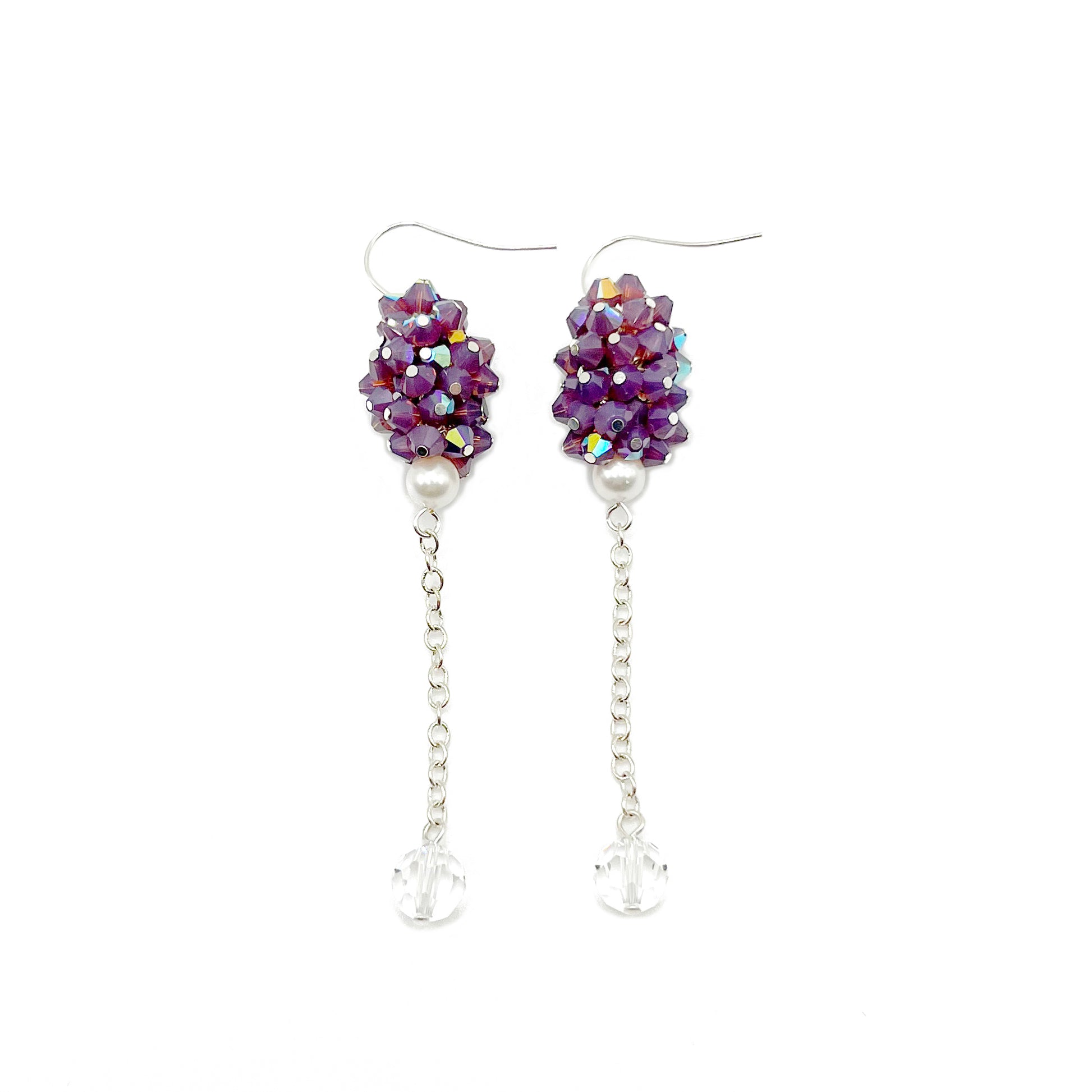Purple crystal cluster and pearl dangle earrings with sterling silver hooks, delicate and sparkling.