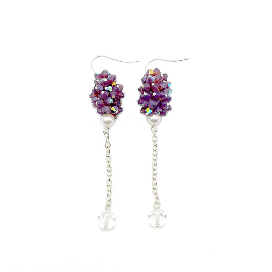 Purple crystal cluster and pearl dangle earrings with sterling silver hooks, delicate and sparkling.
