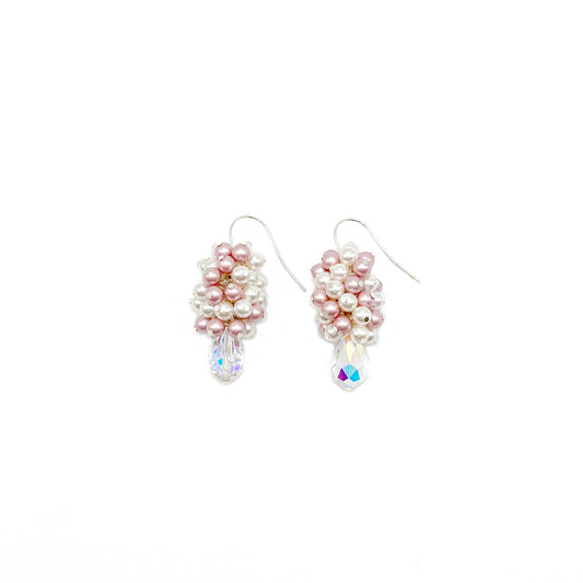 Blush and white pearl and crystal cluster earrings with sterling silver hooks, handcrafted and elegant.