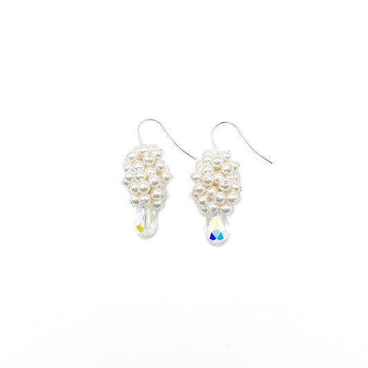 White pearl and crystal cluster drop earrings with sterling silver hooks, handcrafted for bridal elegance.