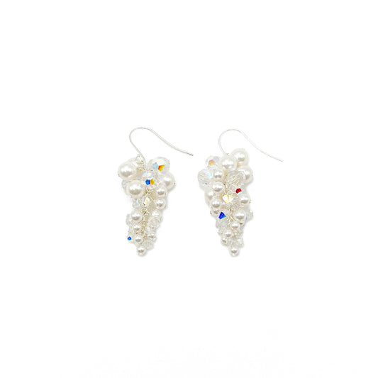 White pearl and faceted crystal dangle earrings with sterling silver hooks, handcrafted in Vancouver.